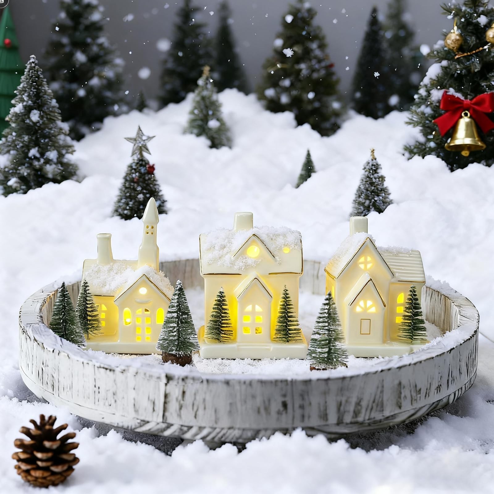 Timer: White Ceramic Christmas Village Houses, 3Pcs Light Up Christmas Villag...