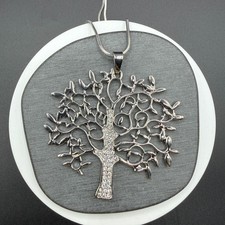 Silver Tone Rhinestone Tree of Life Pendant Necklace Large Statement Boho Gift
