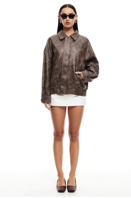 Lioness Kenny Leather Bomber Jacket Chocolate Size: S Full Zip