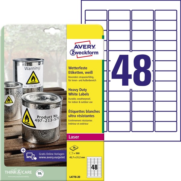 1 Bis 20X Avery Zweckform Wetterfeste Etiketten, 45,7 X 21,2 Mm Spare Bis Zu 21%-image