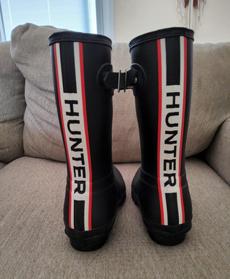 Hunter Original Short Logo Back Stripe Waterproof Black Rain Boots Women's US 8