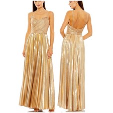 Mac Duggal NWT Long Metallic Plisse Pleated Dress Sleeveless V-neck Size 10 Gold