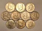 Lot of 10, Silver Ben Franklin and Silver Kennedy Half Dollars - $5 Face Value