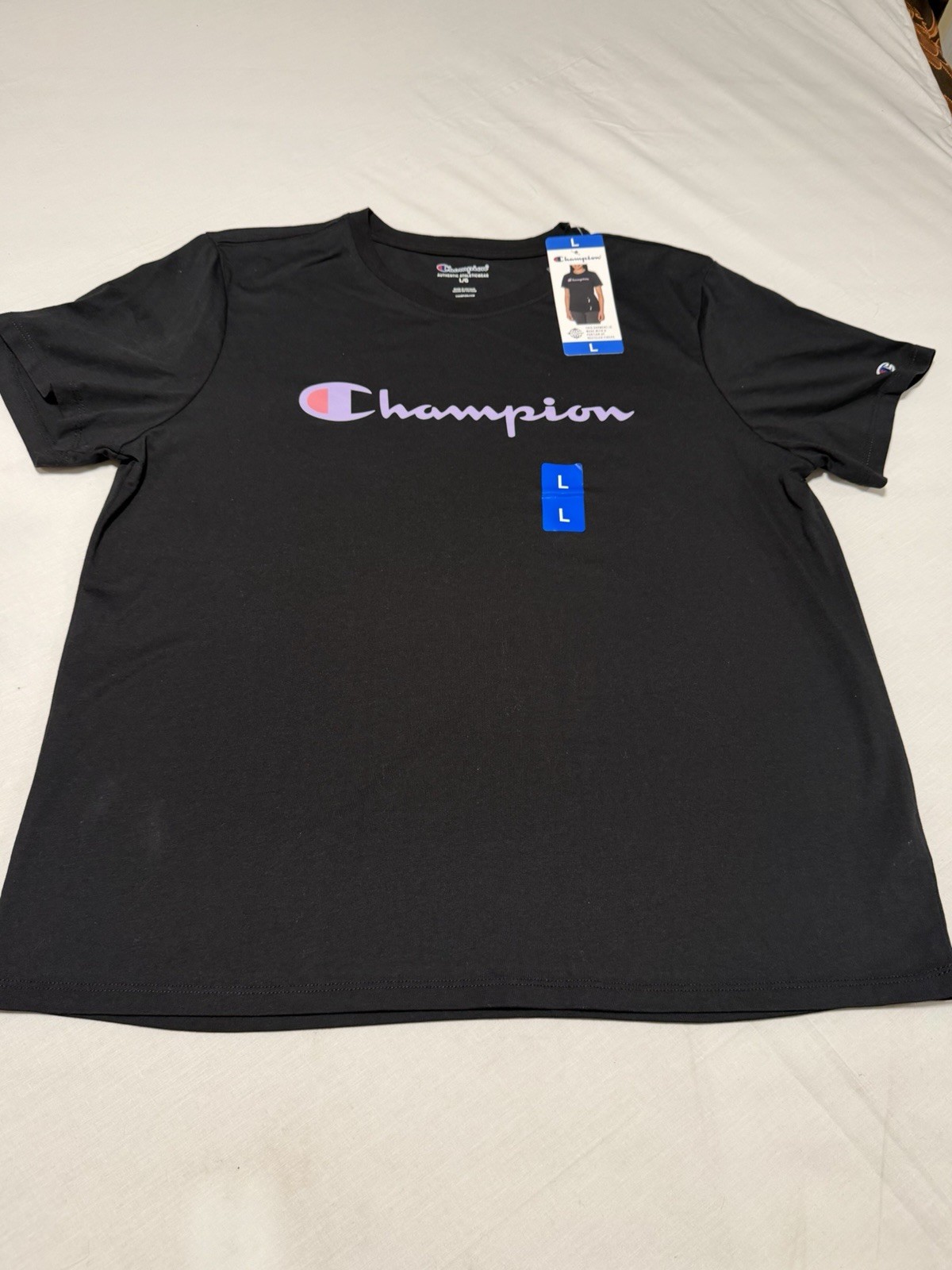 Champion Women’s Black Graphic Logo Crewneck Short Sleeve T-Shirt Top Size L