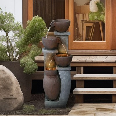 Tiered Waterfall Fountain   Resin Cascading Design with LED Lights for Outdoor