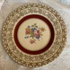 Hand Painted In USA M&R China  Dinner Plate Decorative Floral Pattern Burgundy