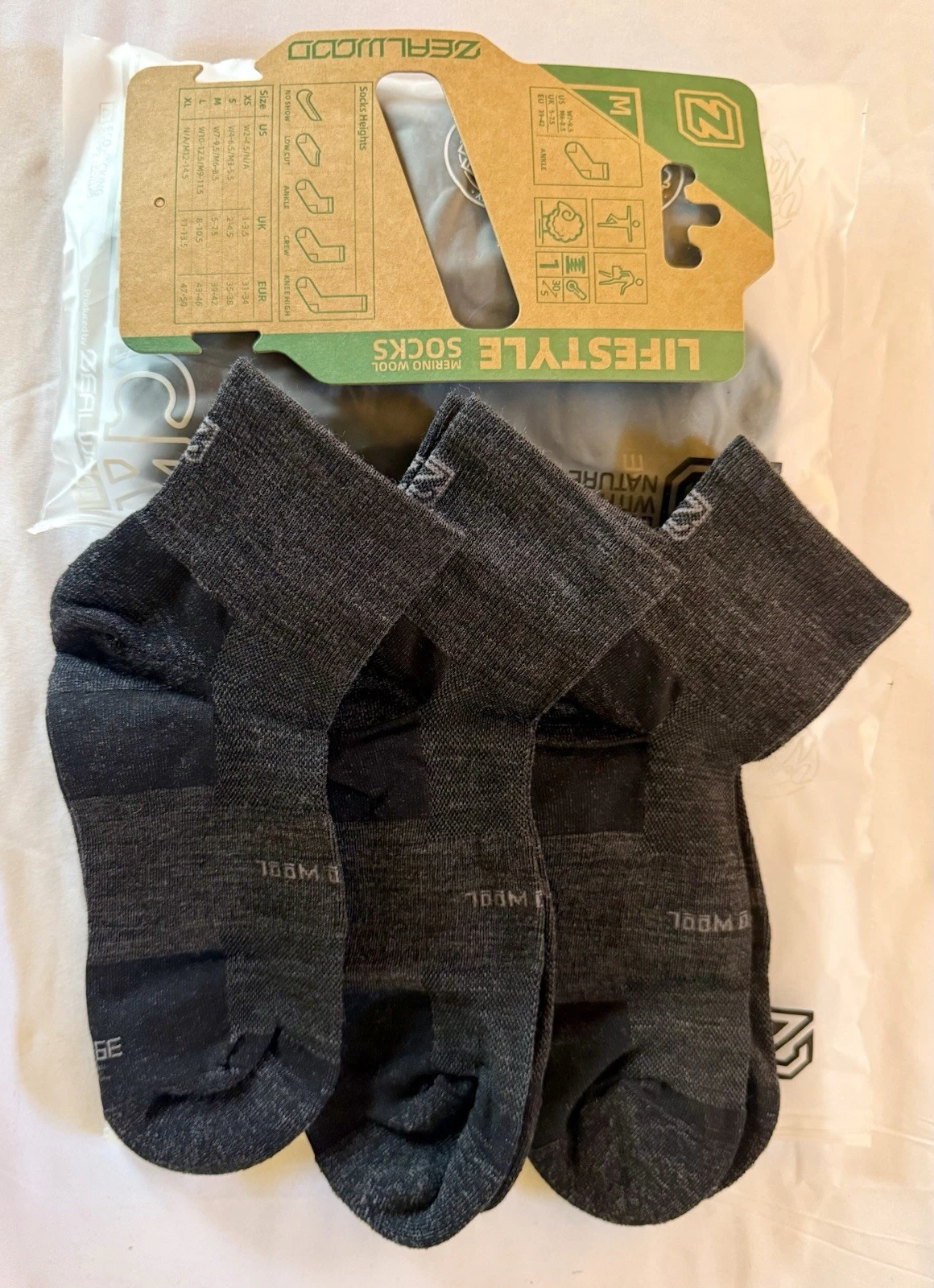 2pk/6 pair ZEALWOOD Lifestyle Merino Wool Ankle Socks Black Size M W7-9.5/M6-8.5