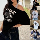 One Shoulder Car Print T Shirt Summer Women Casual Loose Short Sleeve Top