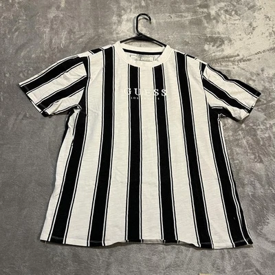 Guess Originals Shirt Mens Medium White Black Striped Los Angeles Logo T-Shirt - Image 1 of 4