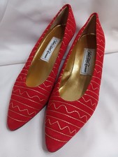 Vtg Saks Fifth Avenue Suede Pumps Red  Gold 8 B Spain Need Heel Caps