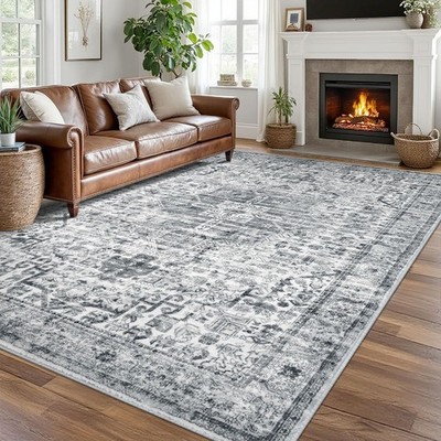 8x10 Area Rugs for Living Room, Machine Washable Large Grey Blue White Printe...