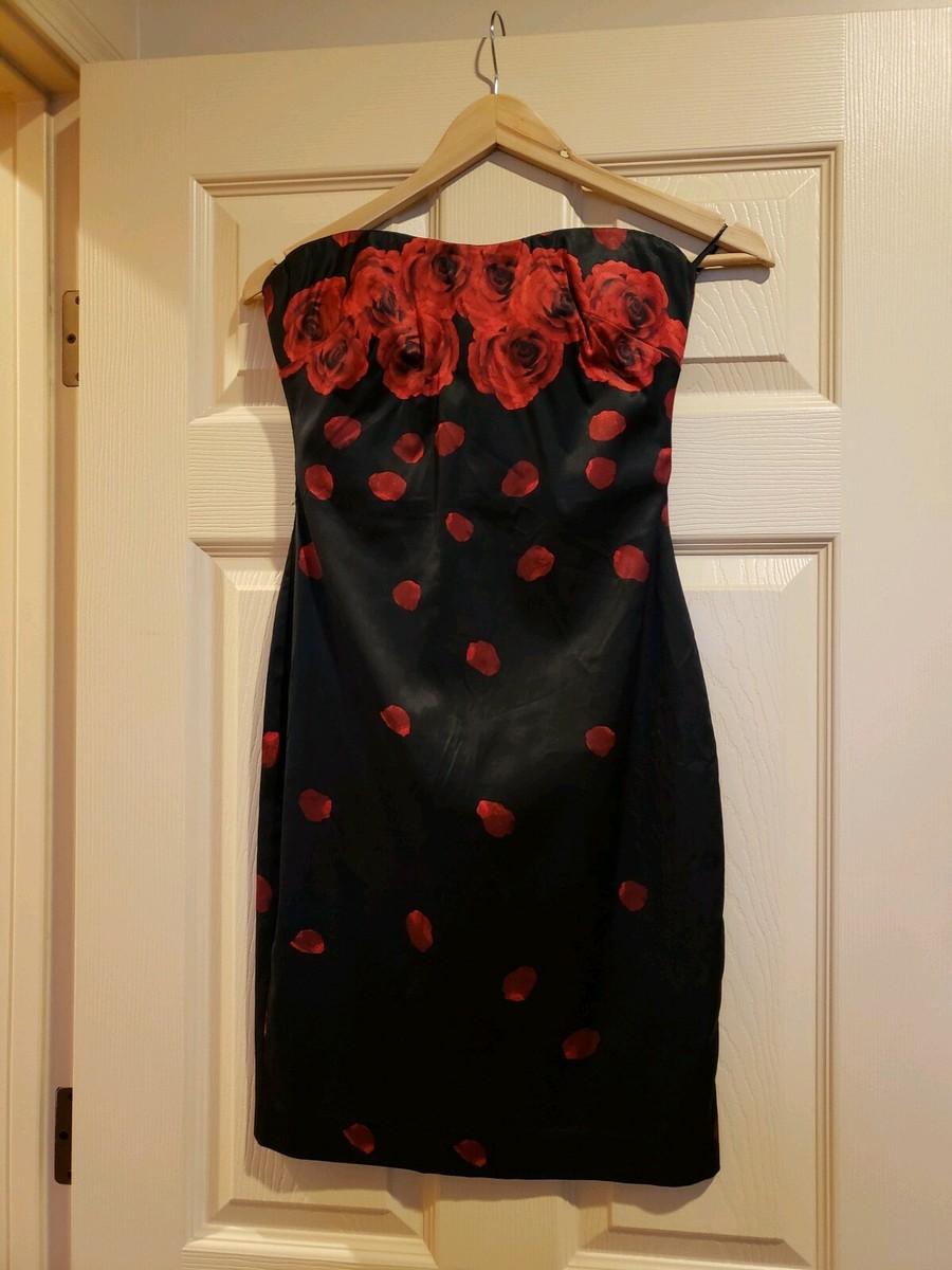 NEW BEBE BLACK SATIN STRAPLESS FALLING ROSES ROSE PETALS COCKTAIL DRESS  SMALL | eBay