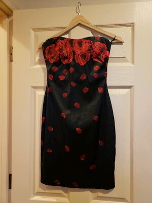 NEW BEBE BLACK SATIN STRAPLESS FALLING ROSES ROSE PETALS COCKTAIL DRESS  SMALL | eBay