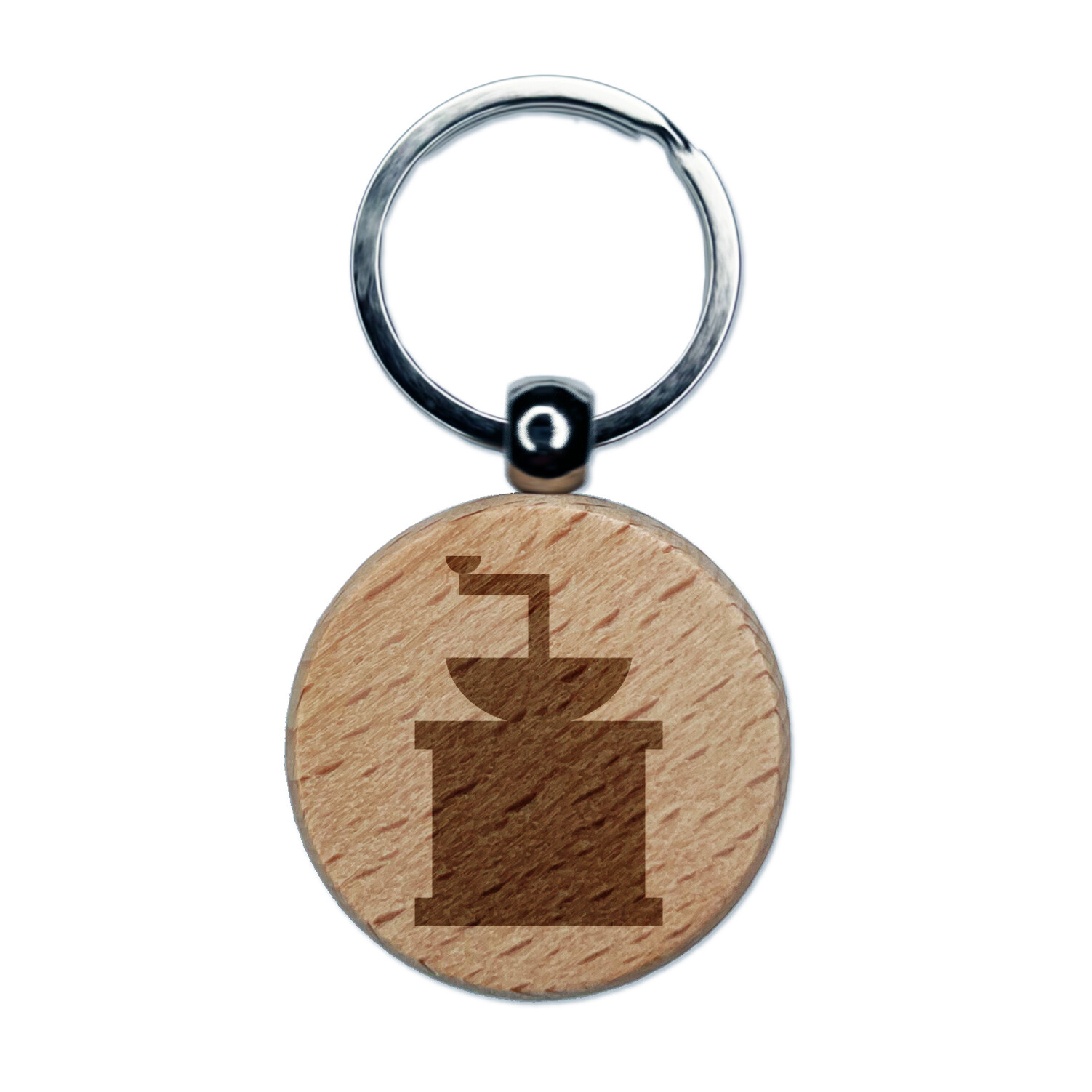 Coffee Grinder Solid Engraved Wood Round Keychain Tag Charm