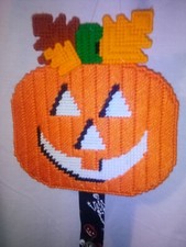 Vintage Hand-Sewn Plastic Canvas Yarn Pumpkin Face 8"x19" Decor Wall Hanging