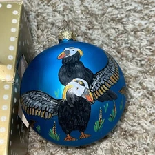 PUFFINS OREGON HAND CRAFTED BOGI CHRISTMAS ORNAMENT WITH BOX BY POLAND KRAKOW