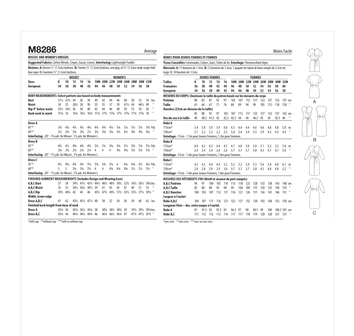 McCall's Sewing Pattern 8286 Misses 816 Dress W/Wrap Waist Sleeve