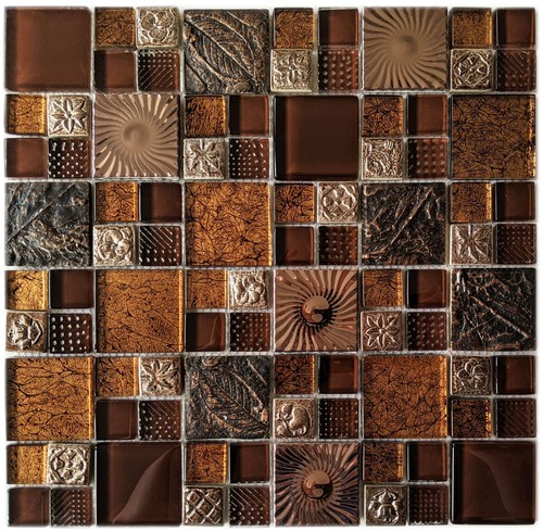 Ancient Nature 3D Textured Stone Glass & Metal Copper Bronze Mosaic Wall Tile - Picture 4 of 4