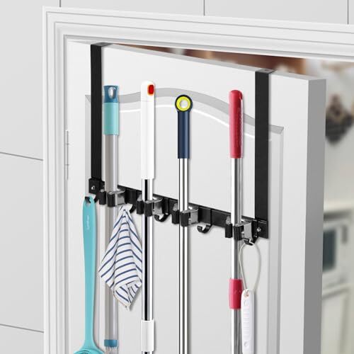 Over Door Broom and Mop Hanging Holder with Movable Sliding Rack