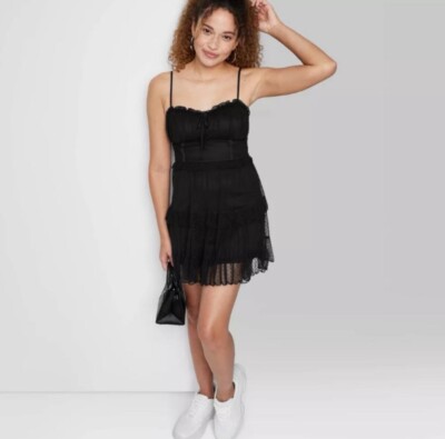 wild fable ruffle tiered black mini dress Wild Fable Black Layered Dress W/Chiffon & Ruffles