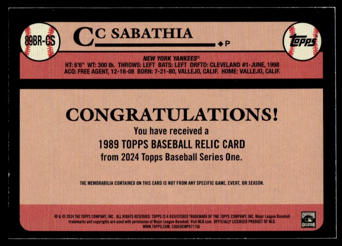 2024 Topps Series 1 1989 Relic CC Sabathia New York Yankees #8+9BR-CS ...