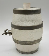 Old Cork Top Frosted Glass Barrel Keg with Tin Bands and Metal dispenser 1918-39