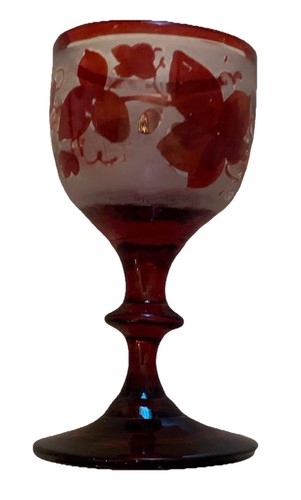 5 Antique Bohemian Glass Bird Cordials With Matching Glass Tray Handblown Red - Picture 5 of 9