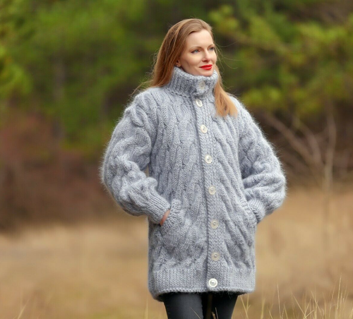 2 KG gray mohair cardigan cable knit 