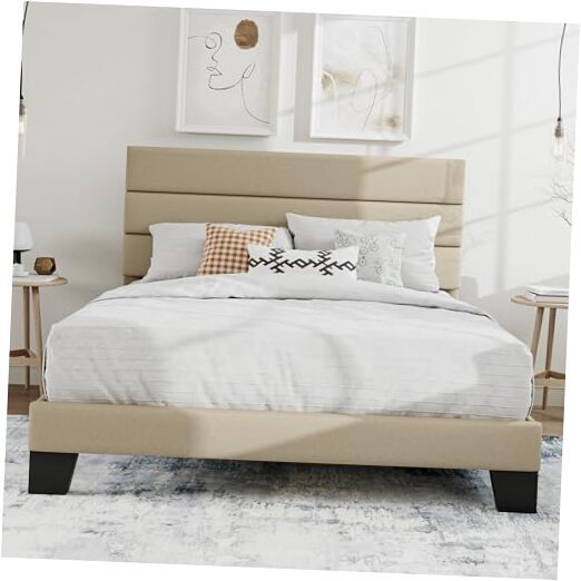 Upholstered Fabric Headboard Platform Bed Frame for Full Mattress in Beige-image