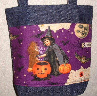 NEW Handmade Medium Halloween Witch Pumpkin Treat Denim Tote Bag