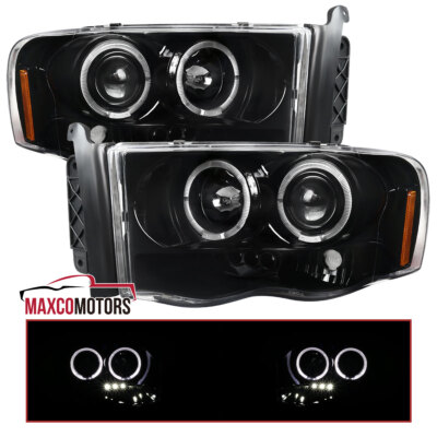 Jet Black Projector Headlights Fits 2002-2005 Dodge Ram 1500 2500 3500 LED Halo