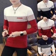 Neck Pullover Sweater Jumper Warm Knitwear Round Casual Coat Strip Men's Tops