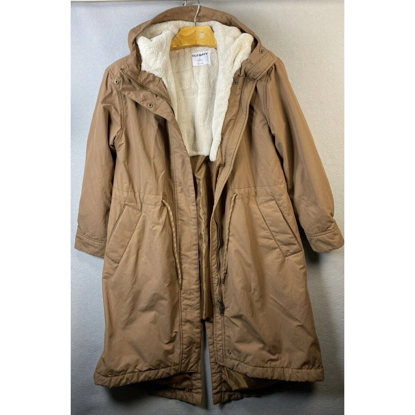 Old Navy Womens Long Hooded Parka Coat Tan XS Sherpa Snow Rain Wind Resistant