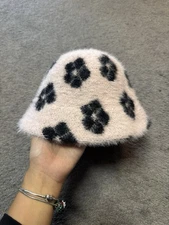 Urban Outfitters Baby Pink Black Floral Fluffy Hat One Size