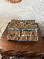 Vintage 1950s Sewing Box Basket Blue Woven
