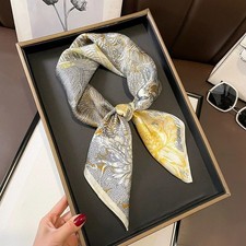 100 Mulberry Silk Scarf Women Gold Flowers Kerchief Square Bandana Wrap 68 68cm