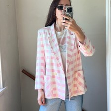 Vintage 1980s Blazer Pink White Gingham Check Double Breasted Jacket Avant Garde