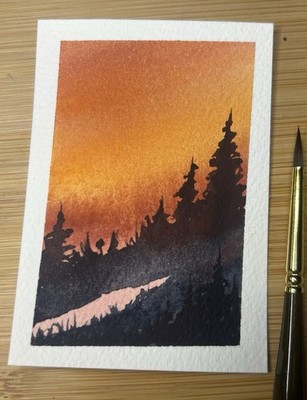 ACEO Original Watercolor Painting Landscape Lake Skies, Signed Abstract