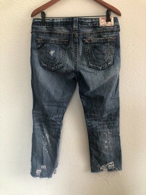 TRUE RELIGION Johnny Distressed Bleached Raw Hem Mid-Rise Jeans 30 x 25