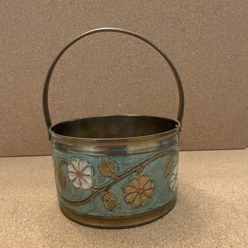Vintage Brass Basket w/ Handle , Trinket, Planter, Inlay Paint