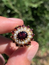 9ct Gold Garnet And Seed Pearl Large Heavy Vintage Ring 5 Grams