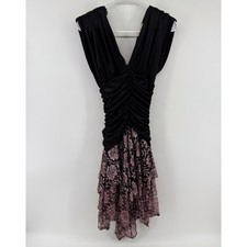 Vintage 80s SENECA Prom Dress Gothic Black Ruched Liquid Satin Pink Lace 3/4