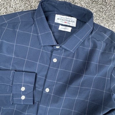 Mizzen+Main Mens XL Leeward Navy Windowpane Performance Long Sleeve Dress Shirt