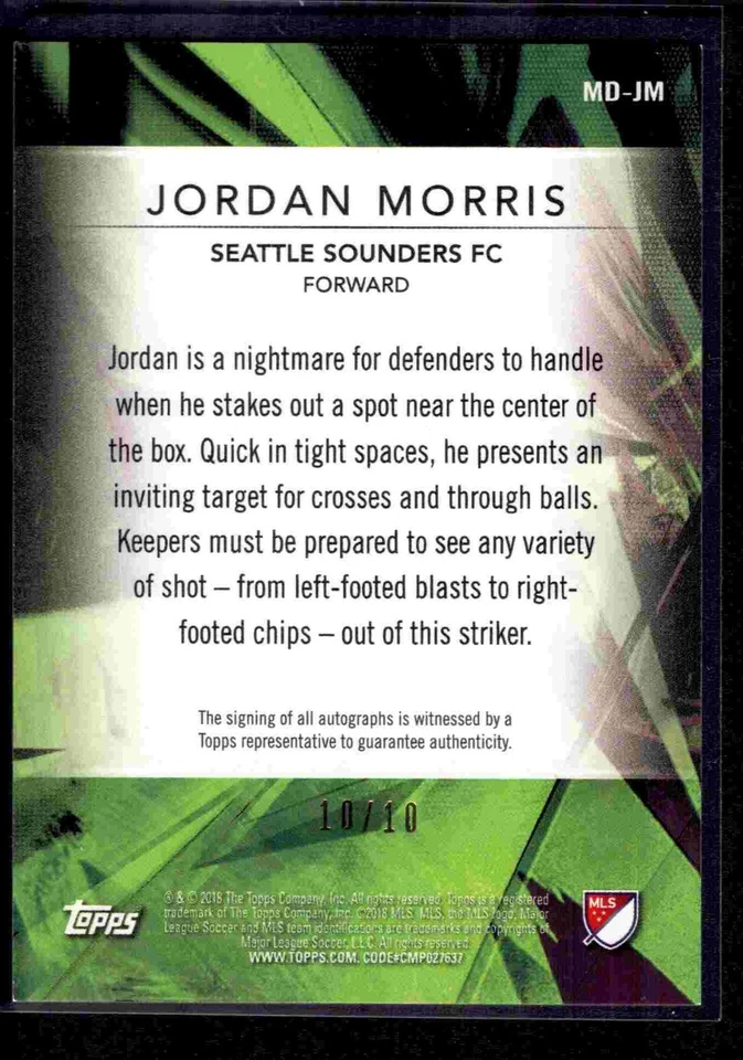 2018 Topps MLS Multi-Dimensional auto 10/10! Jordan Morris Seattle Sounders - Image 2 of 2