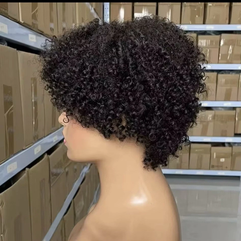Women Remy Human Hair Wig Short Pixie Curly Cut Black High-Density Wig No Lace  - Image 3 of 4