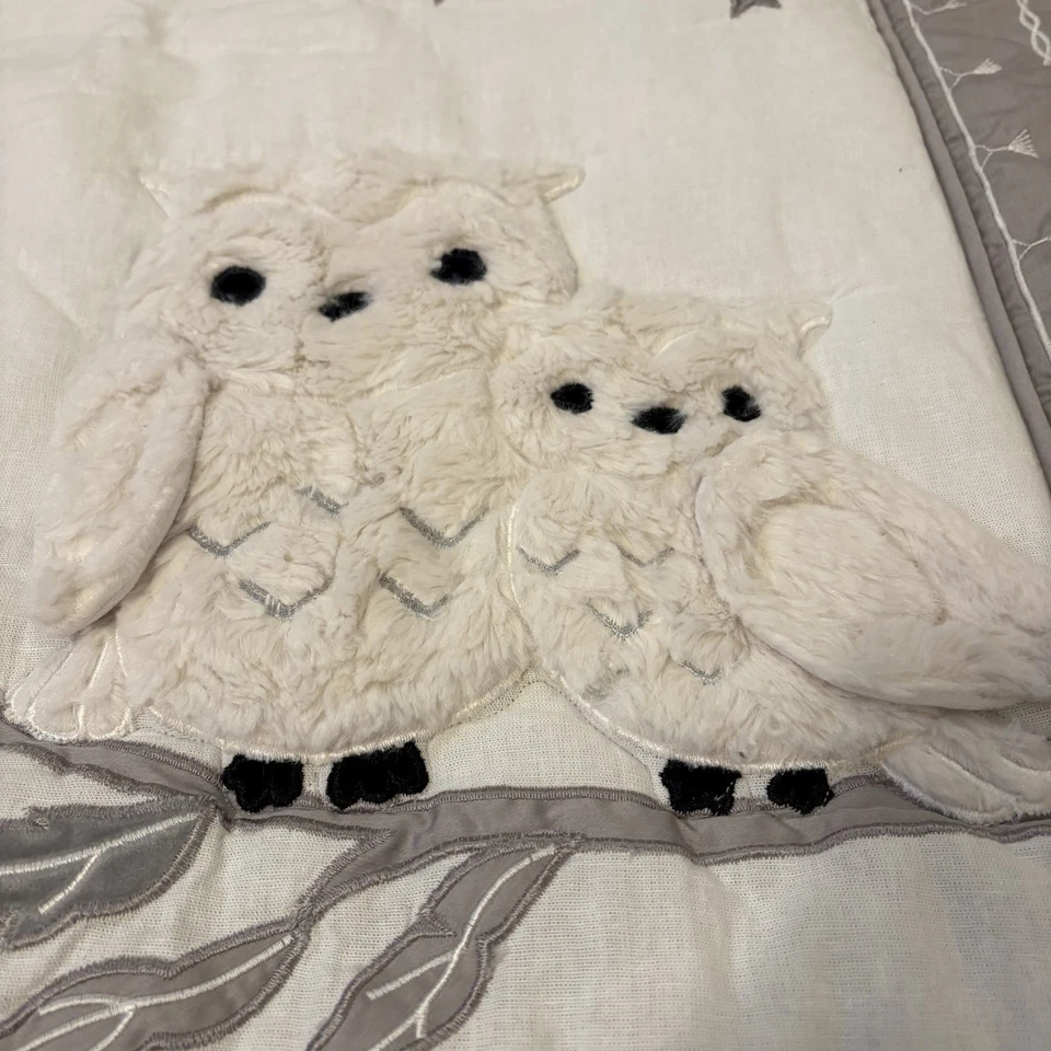 Manta Cuna Edredón Luna Búho Difuso Bordado Celestial Mezcla Lino Corderos e Hiedra Foto 3 de 4