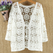 Women Hollow Crochet Cardigan Top Solid Lace Knit Shrug Shawl Thin Coat Jacket