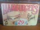 Vintage Look Metal Tin Sign Hamburgers For Lunch 29 Cents - Used Good Condition
