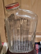 VINTAGE Refrigerator GLASS Water Bottle Red Lid Quart Ribbed 40’s 50’s