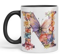 Letter N mug Floral flowers butterfly Alphabet Monogram Ceramic Coloured Mug Cup